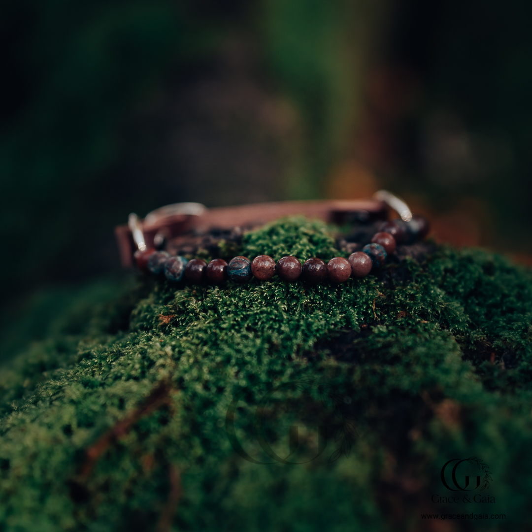 Lithotherapy-inspired semi precious stone pet accessory by Grace and Gaia, fostering well-being in dogs and cats through stylish pet gifts and unique pet malas.