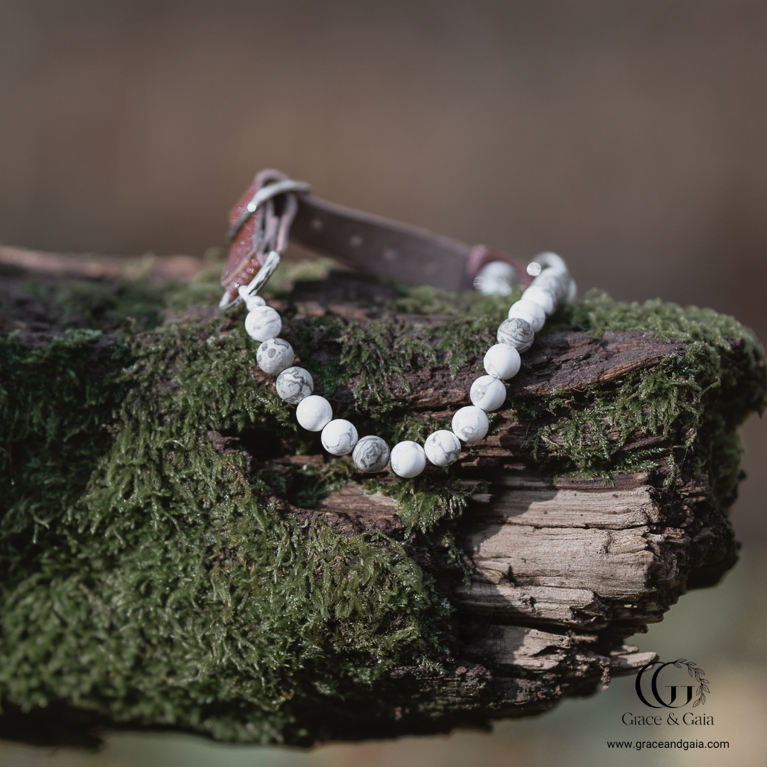 Lithotherapy-inspired semi precious stone pet accessory by Grace and Gaia, fostering well-being in dogs and cats through stylish pet gifts and unique pet malas.