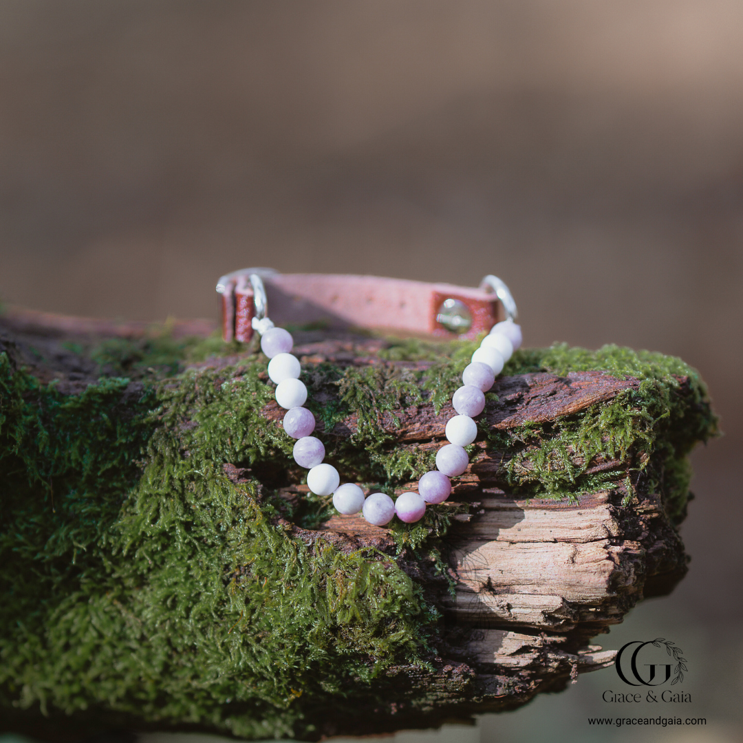 Lithotherapy-inspired semi precious stone pet accessory by Grace and Gaia, fostering well-being in dogs and cats through stylish pet gifts and unique pet malas.