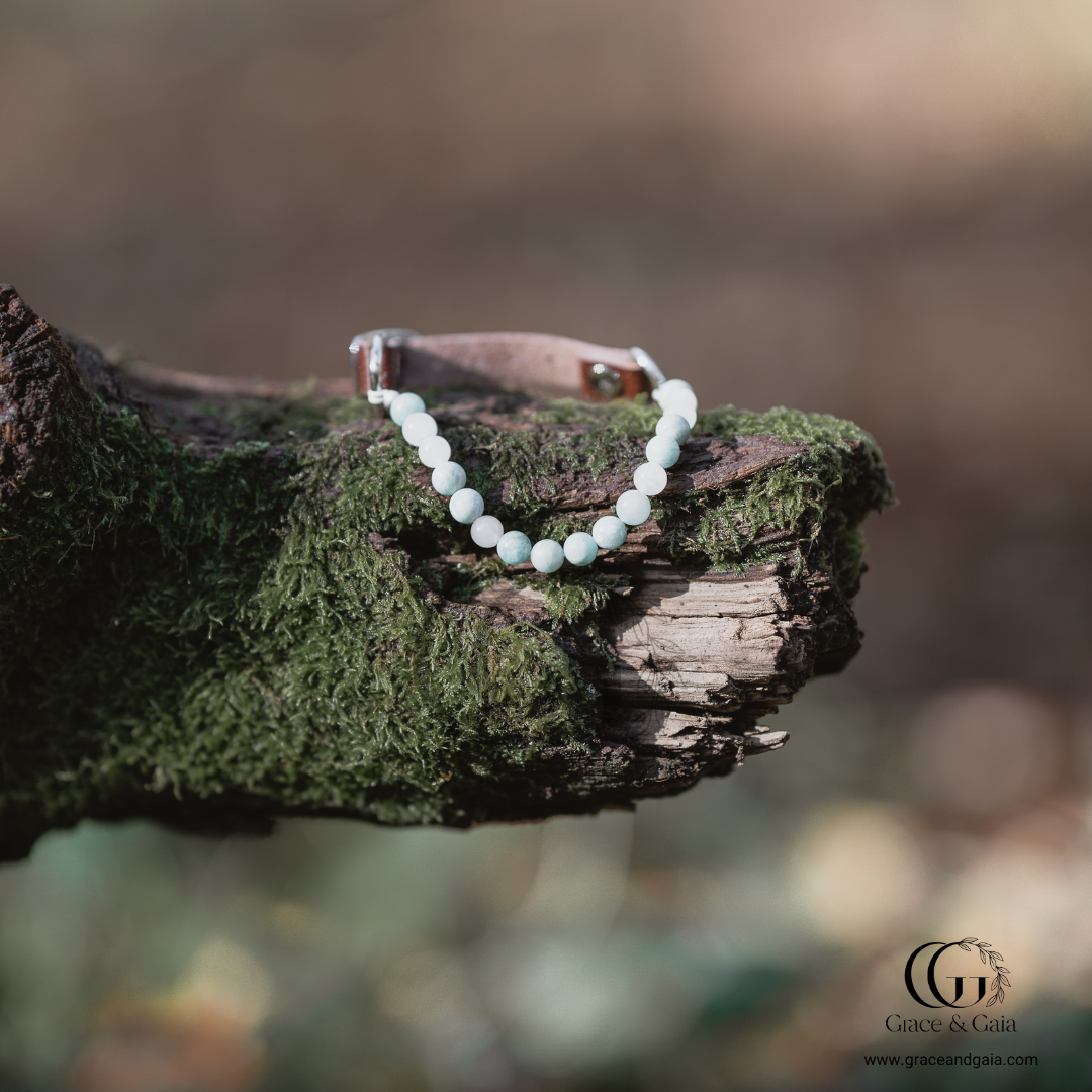 Lithotherapy-inspired semi precious stone pet accessory by Grace and Gaia, fostering well-being in dogs and cats through stylish pet gifts and unique pet malas.