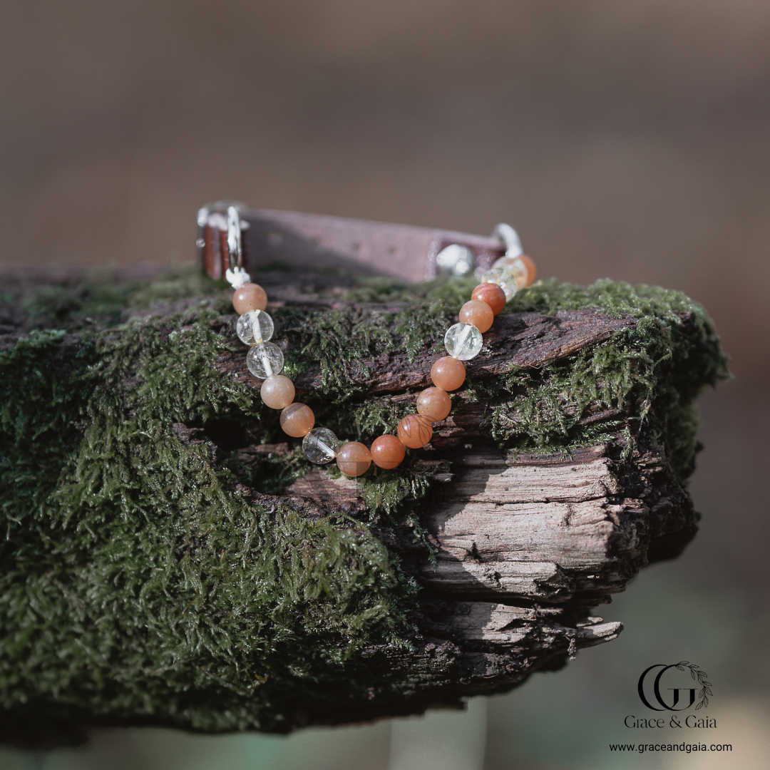 Lithotherapy-inspired semi precious stone pet accessory by Grace and Gaia, fostering well-being in dogs and cats through stylish pet gifts and unique pet malas.