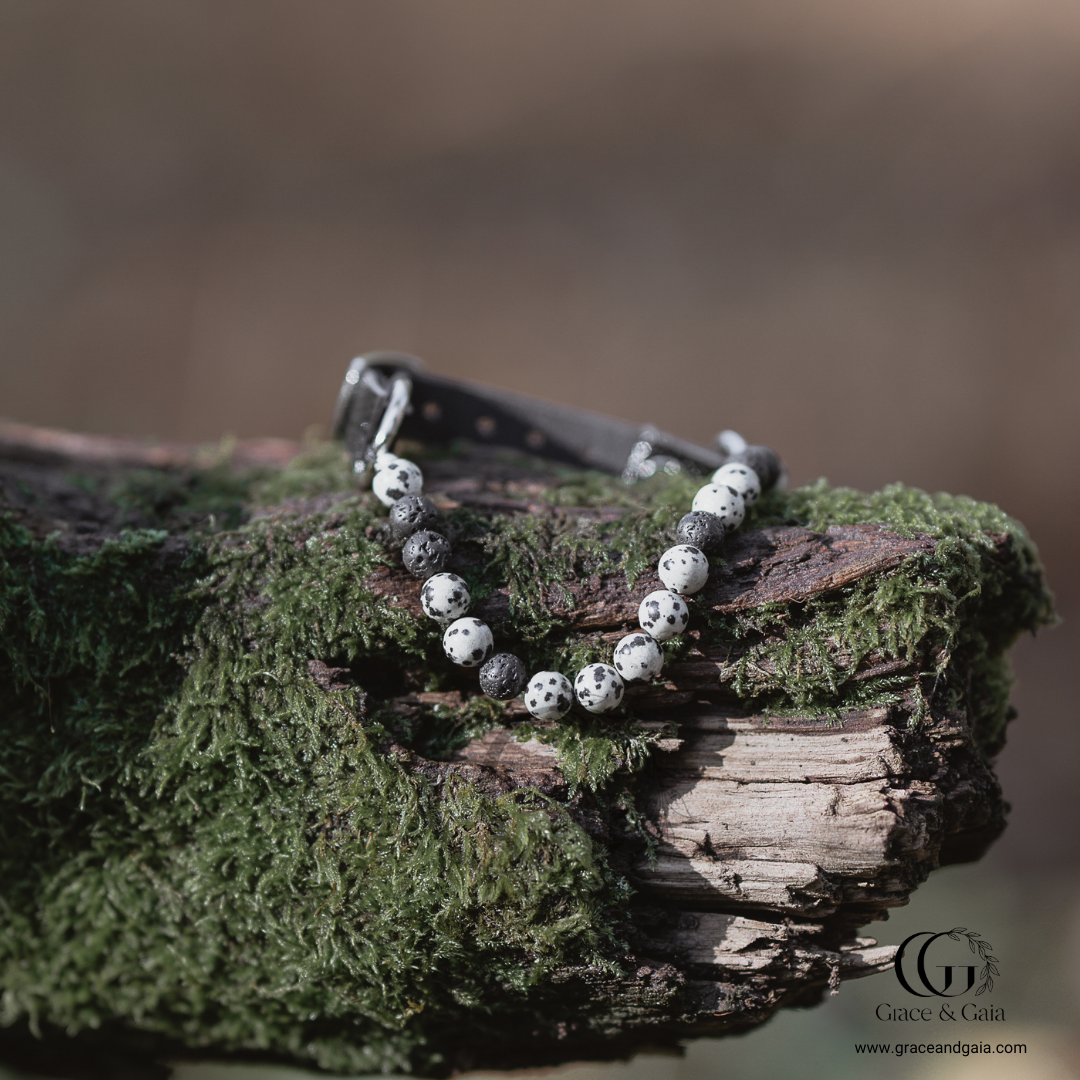 Lithotherapy-inspired semi precious stone pet accessory by Grace and Gaia, fostering well-being in dogs and cats through stylish pet gifts and unique pet malas.