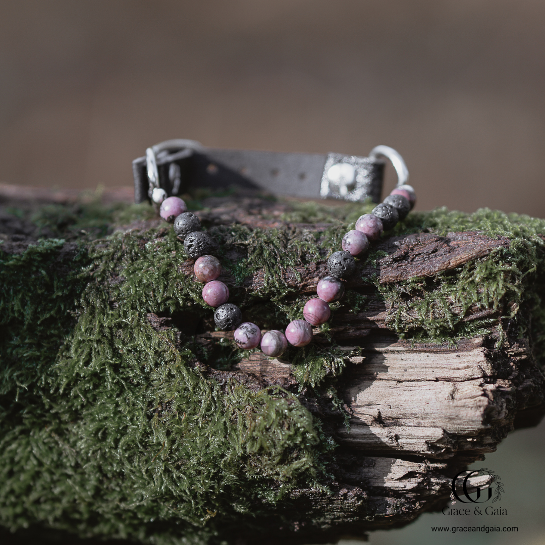 Lithotherapy-inspired semi precious stone pet accessory by Grace and Gaia, fostering well-being in dogs and cats through stylish pet gifts and unique pet malas.