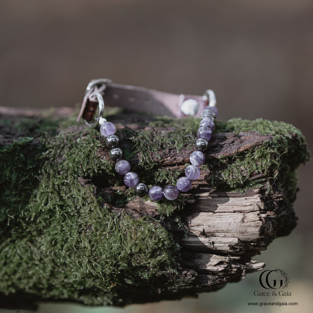 Lithotherapy-inspired semi precious stone pet accessory by Grace and Gaia, fostering well-being in dogs and cats through stylish pet gifts and unique pet malas.