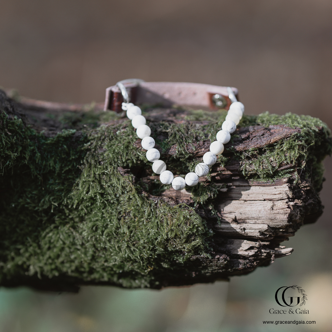 Lithotherapy-inspired semi precious stone pet accessory by Grace and Gaia, fostering well-being in dogs and cats through stylish pet gifts and unique pet malas.