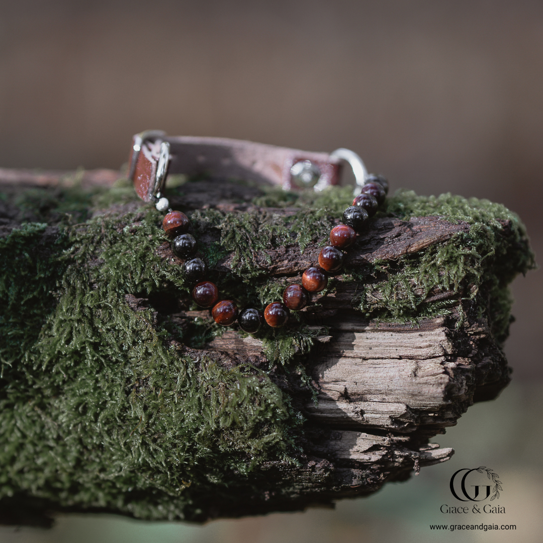 Lithotherapy-inspired semi precious stone pet accessory by Grace and Gaia, fostering well-being in dogs and cats through stylish pet gifts and unique pet malas.